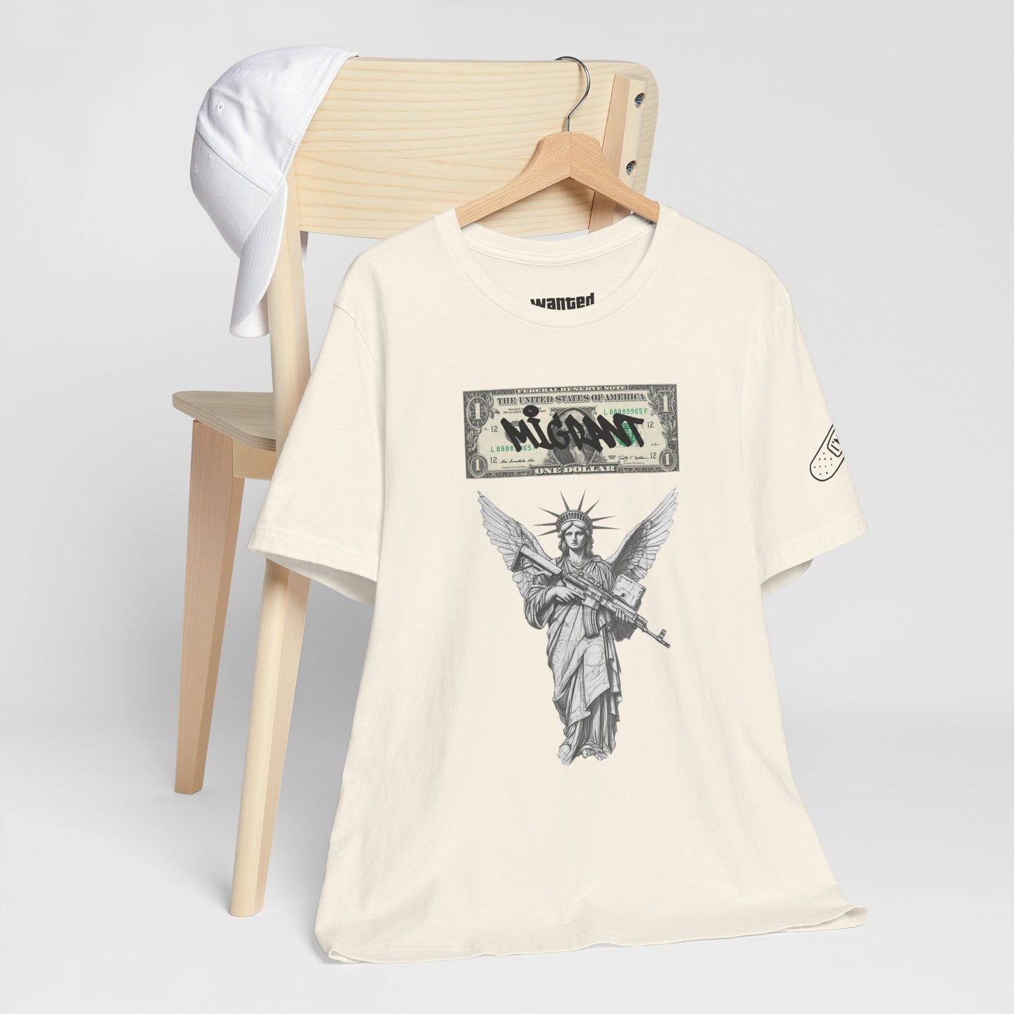 Statue of Liberty Angel Tee — 'MIGRANTS' Dollar Graphic Short Sleeve