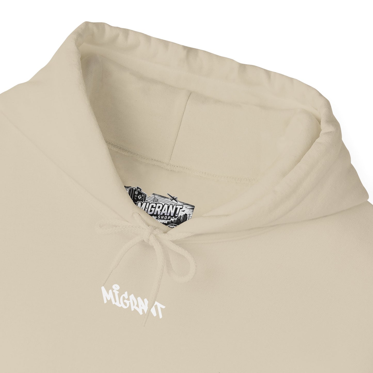 Hoodie • Circular 'Mugman Shop' Collage Logo Back — Minimal Chest Script