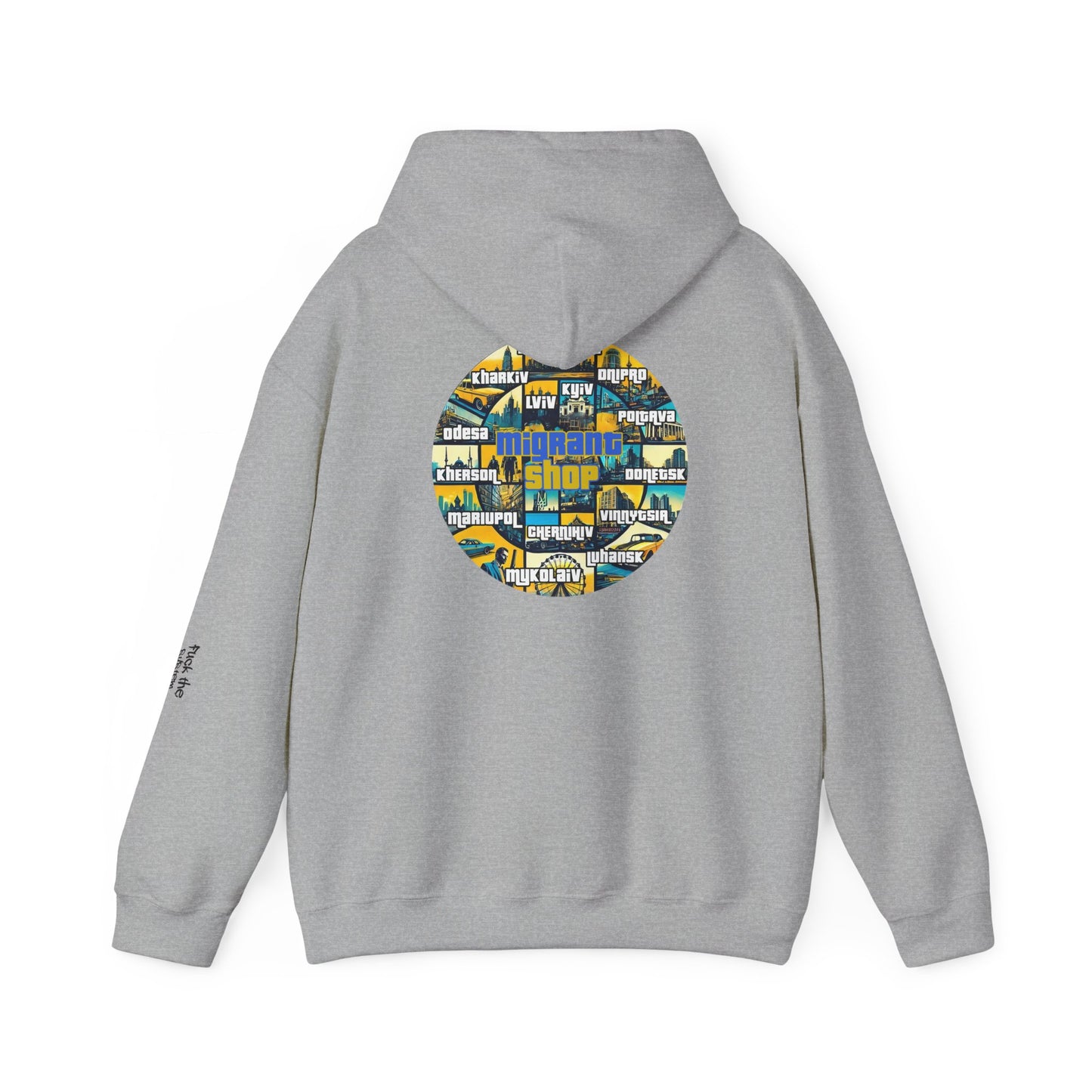 Hoodie • Circular 'Mugman Shop' Collage Logo Back — Minimal Chest Script