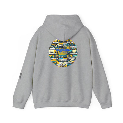 Hoodie • Circular 'Mugman Shop' Collage Logo Back — Minimal Chest Script