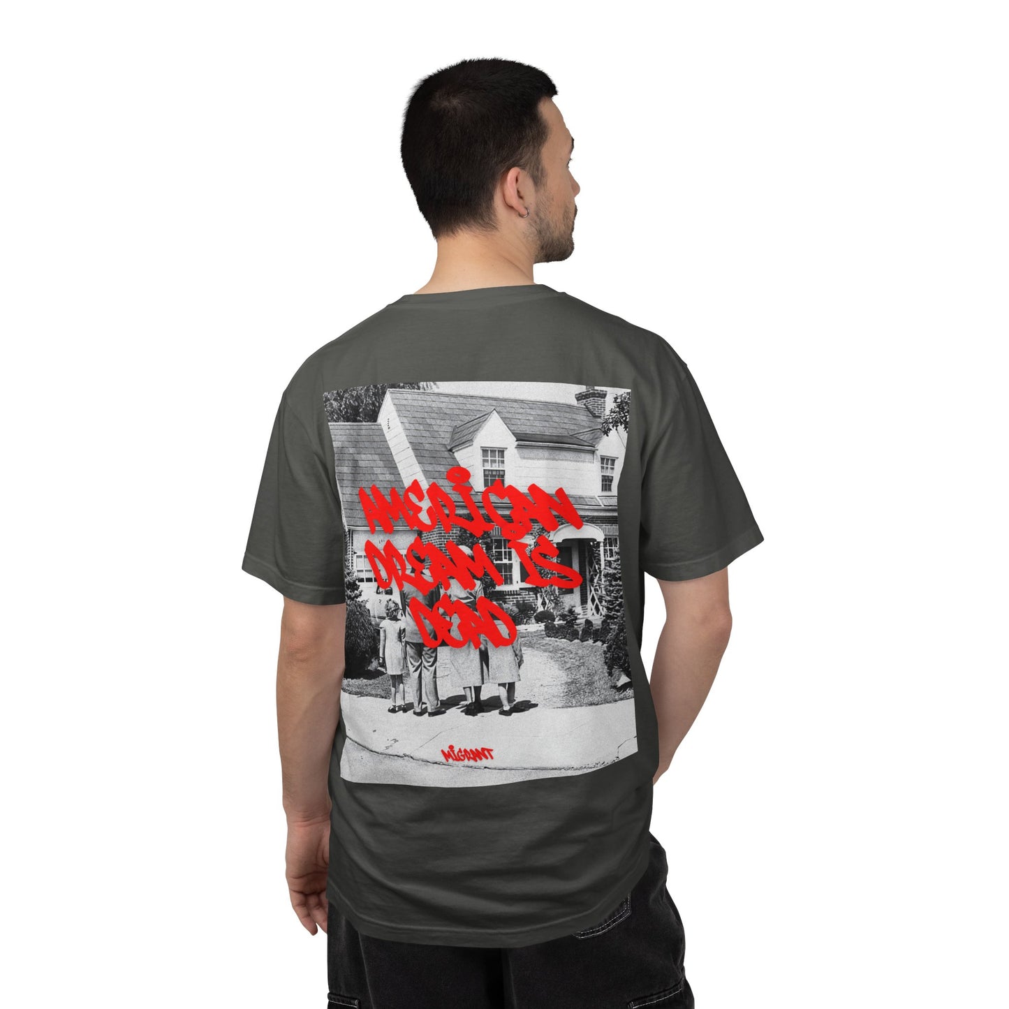 Graphic T‑Shirt — Vintage Photo Back with Red Graffiti "Religion Divides Us"