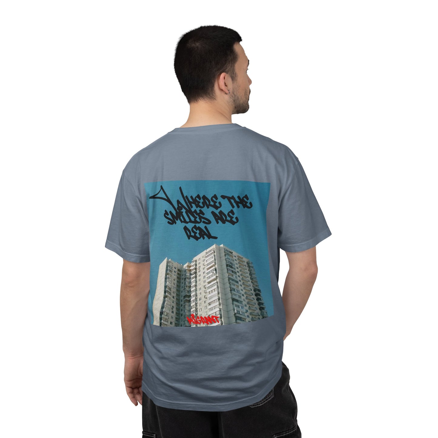 Photo Backprint T‑Shirt — Urban Graffiti 'Across the Skies Not Real' Streetwear