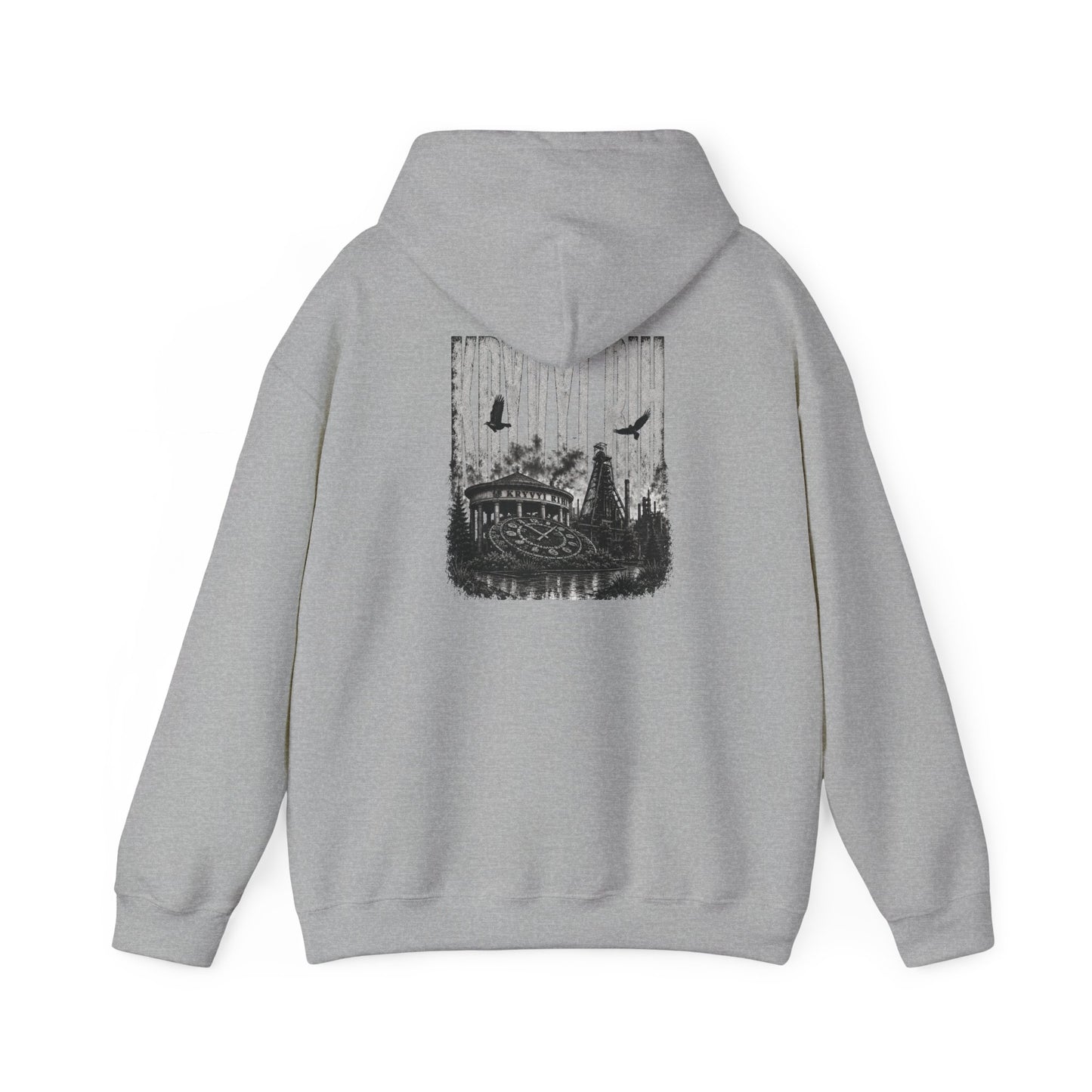 Hoodie — "Kryvyi Rih" Memorial Black Pullover with Cityscape Back Print