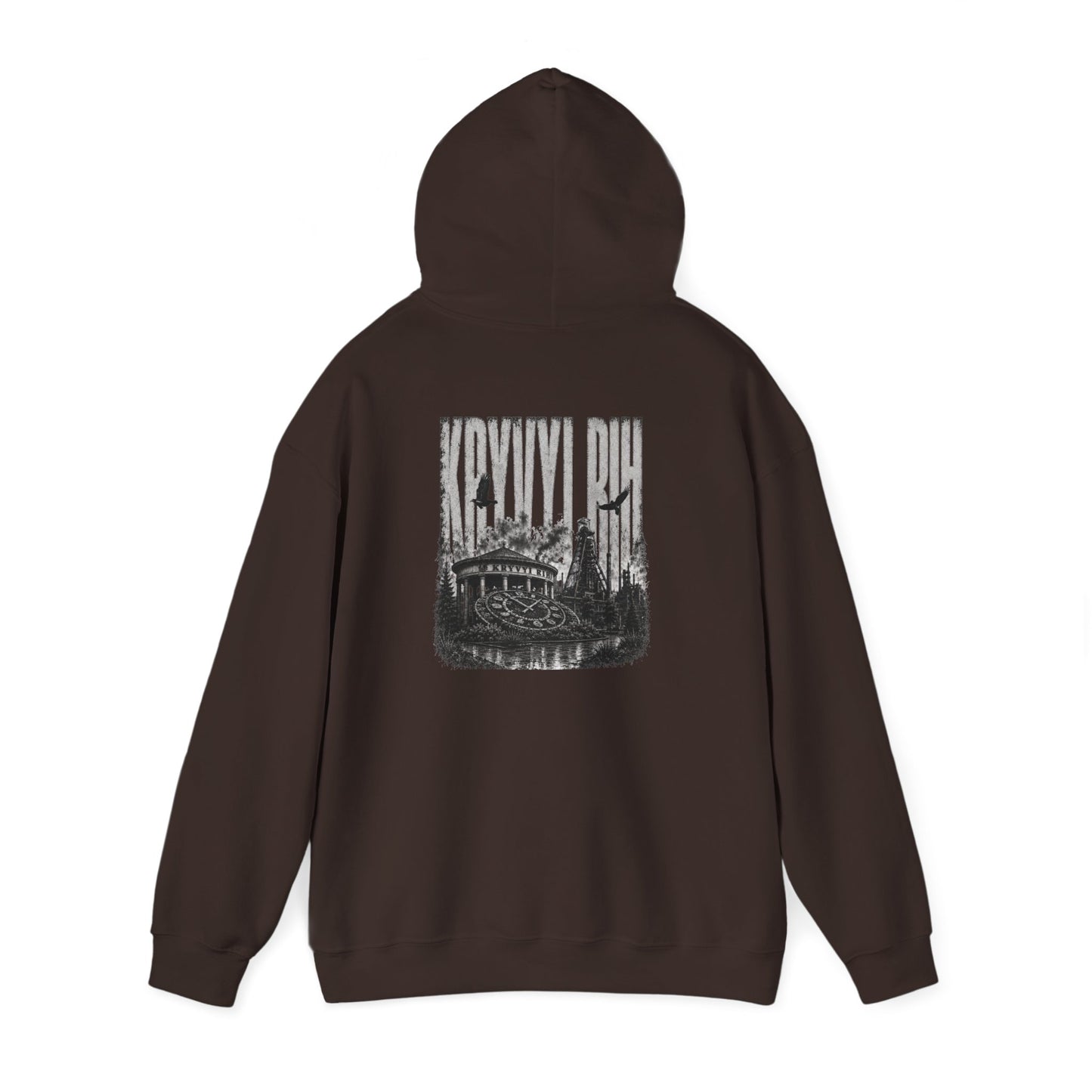 Hoodie — "Kryvyi Rih" Memorial Black Pullover with Cityscape Back Print