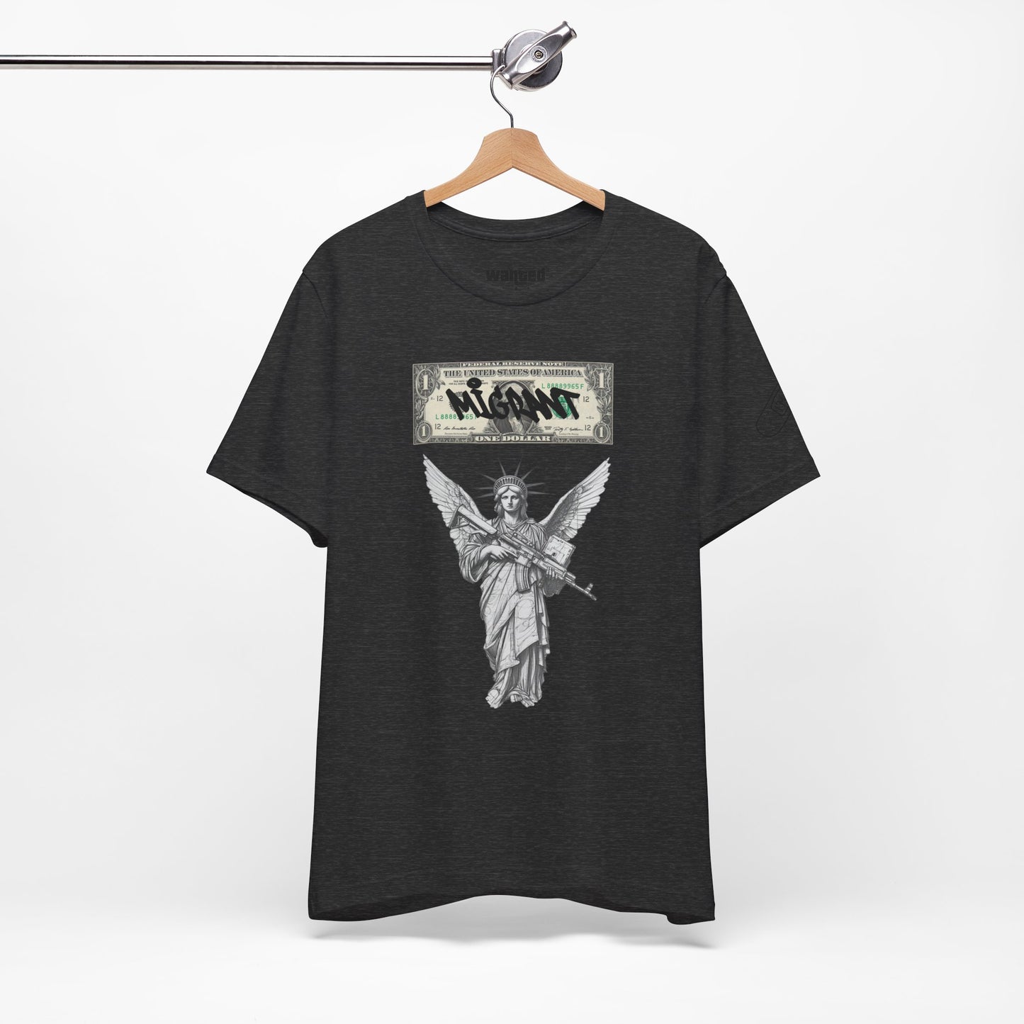 Statue of Liberty Angel Tee — 'MIGRANTS' Dollar Graphic Short Sleeve